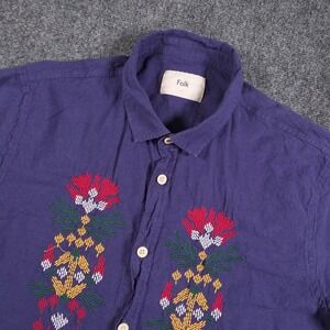 Folk Mast Shirt Mens L Blue Embroidered Floral Linen Blend Casual Button Up